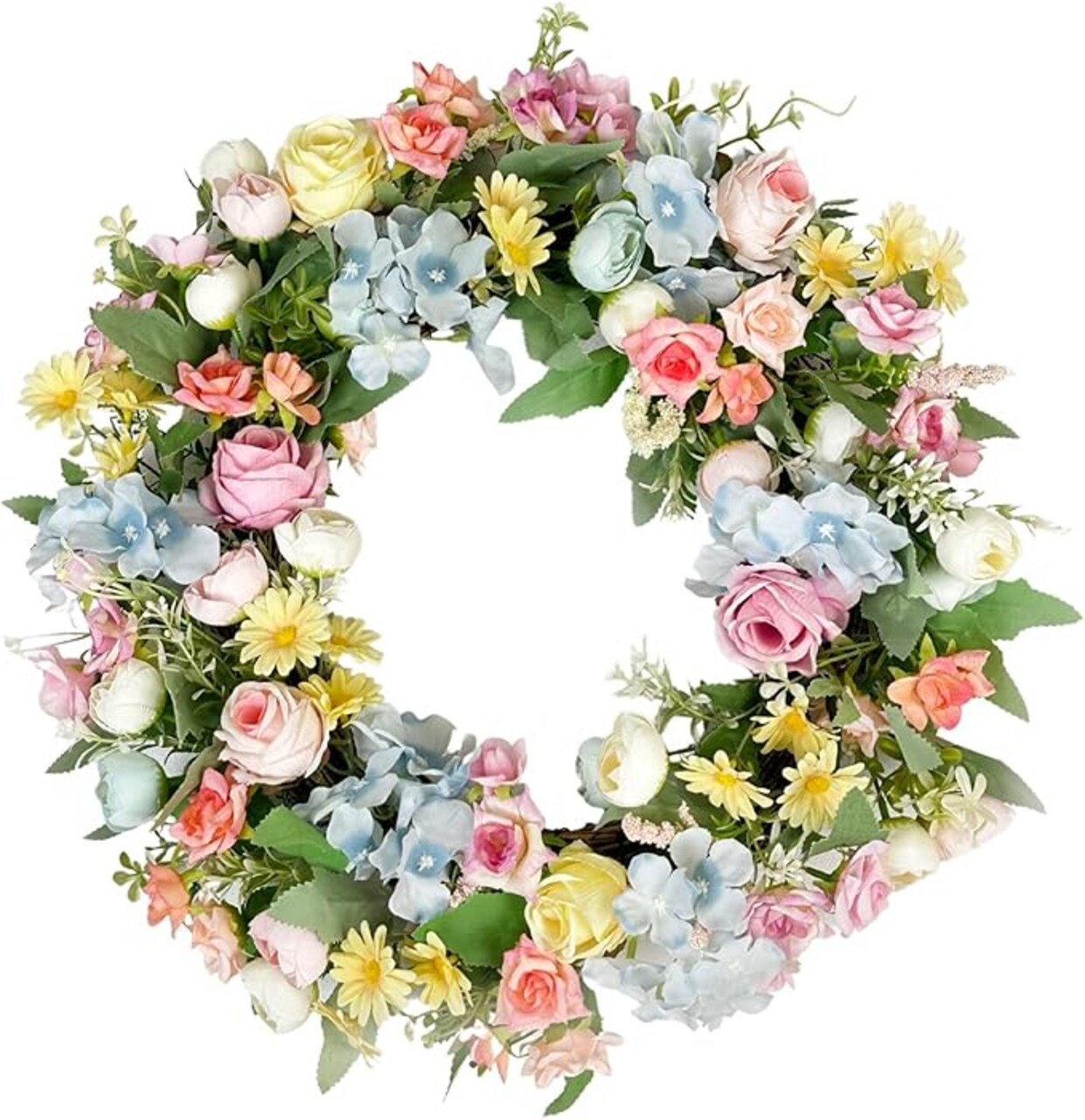 16'' Spring Wreath - Artificial Summer Wreath for Front Door - Flower Wreath with Rose and Hydrangea - Floral Wreath for All Seasons Door Wall Window Festival Farmhouse